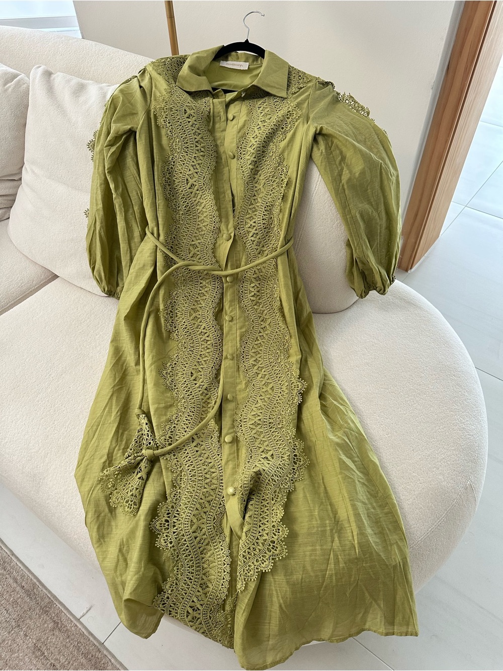 Olive Green Lace Trim Button-Front Maxi Dress
